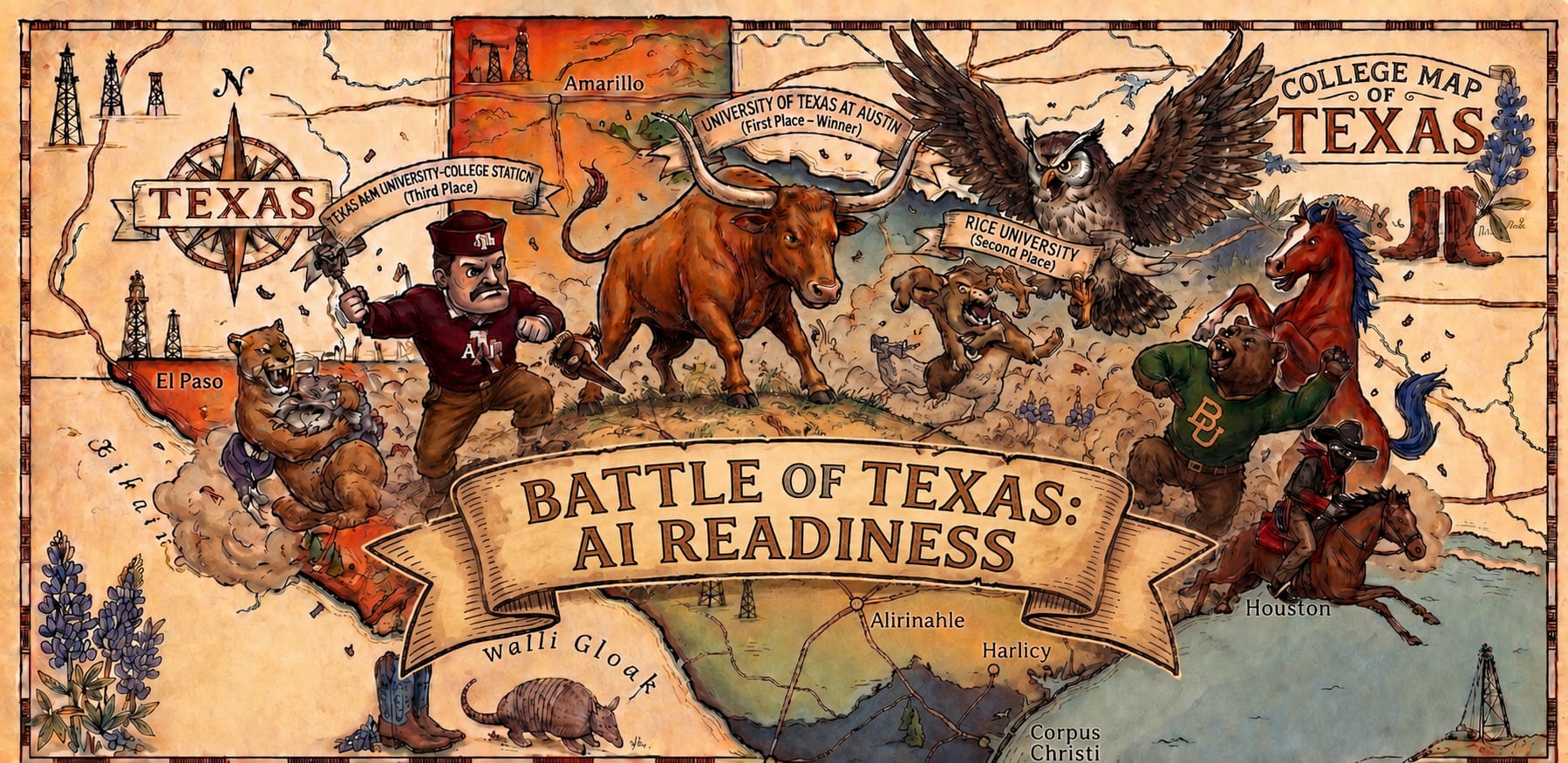 Illustrated map of Texas with university mascots battling for AI readiness supremacy