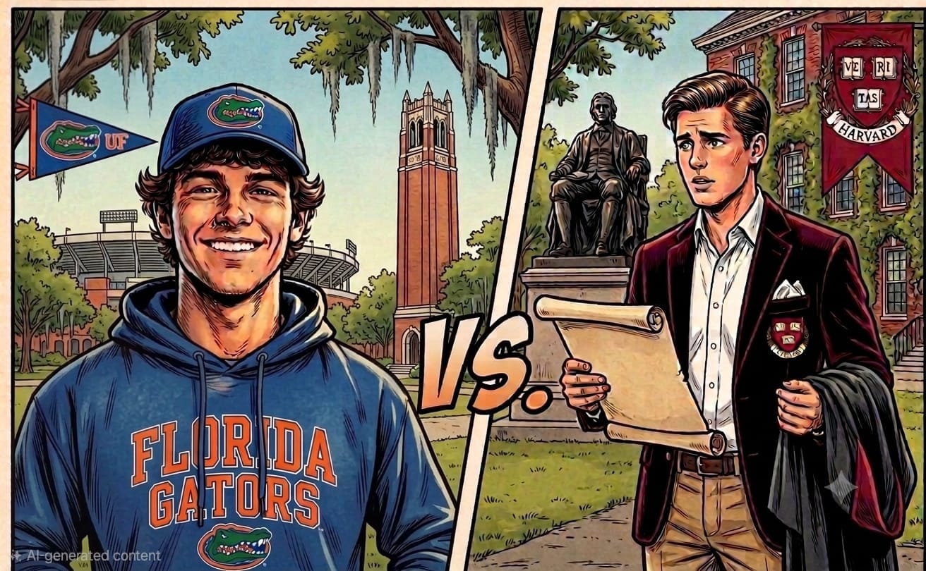 Illustrated split image: a University of Florida student in Gators gear on the left, a Harvard student in a blazer holding a scroll on the right, with VS in the center